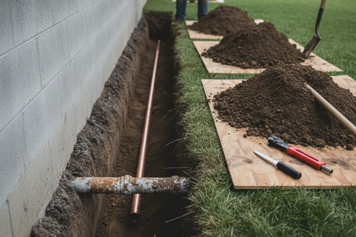 Excavated water line trench during Water Heater Repair in West Point